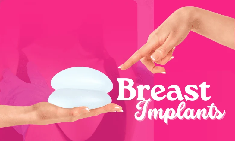 A hand points to two different types of breast implants, showcasing the variety in shape, size, and texture for augmentation.