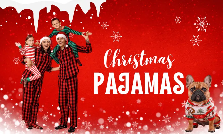 A joyful family, including two parents and two children, wearing matching red and black checkered Christmas pajamas, posing with a dog in a festive sweater.