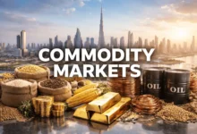 Commodity markets concept with Dubai skyline featuring gold, oil barrels, grains, and global trade assets in UAE