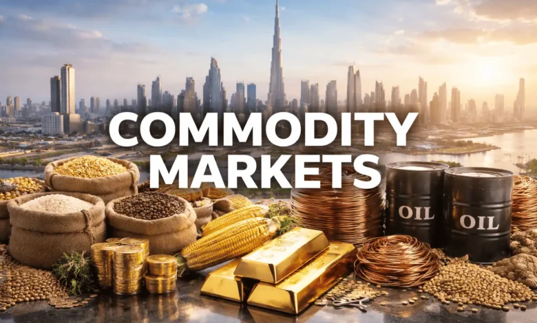 Commodity markets concept with Dubai skyline featuring gold, oil barrels, grains, and global trade assets in UAE