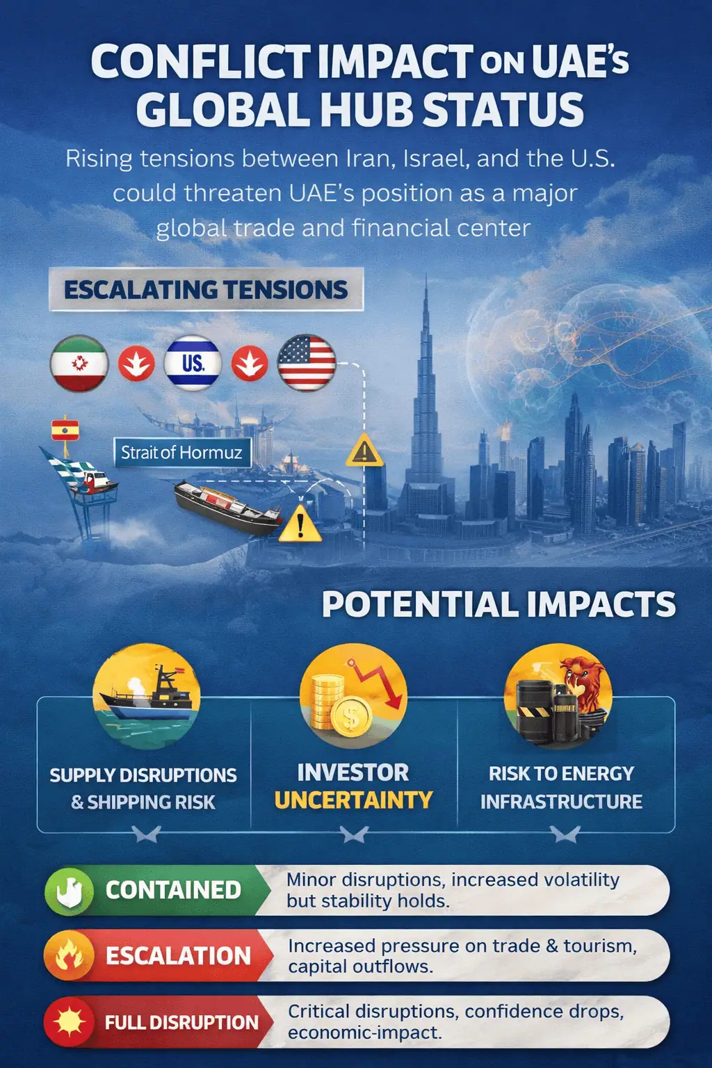 Middle East conflict impact on UAE trade, finance, and global hub status visual guide UAE economic risk infographic highlighting tensions, supply disruptions, and investor confidence decline