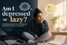Person sitting thoughtfully in a split scene representing the difference between depression and laziness.