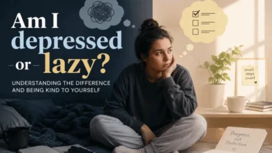 Person sitting thoughtfully in a split scene representing the difference between depression and laziness.