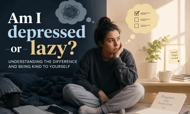 Person sitting thoughtfully in a split scene representing the difference between depression and laziness.