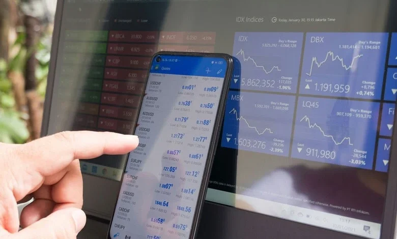 Day trading market analysis on smartphone and stock dashboard