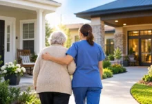 Elderly woman walking with a caregiver at a memory care community