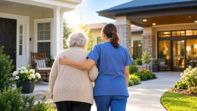 Elderly woman walking with a caregiver at a memory care community