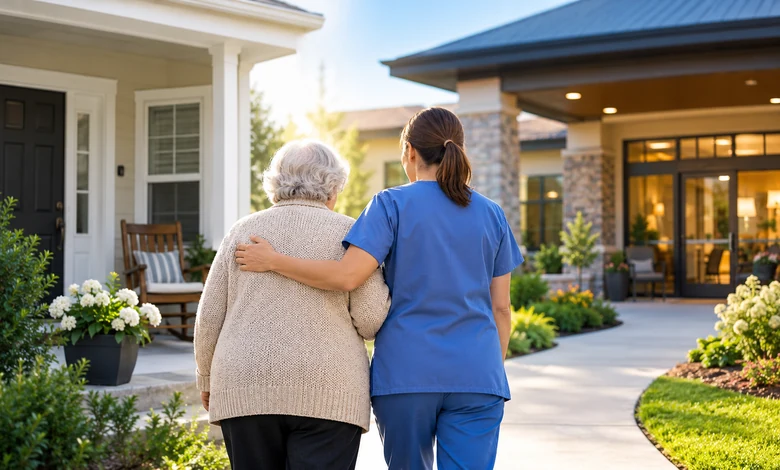 Elderly woman walking with a caregiver at a memory care community